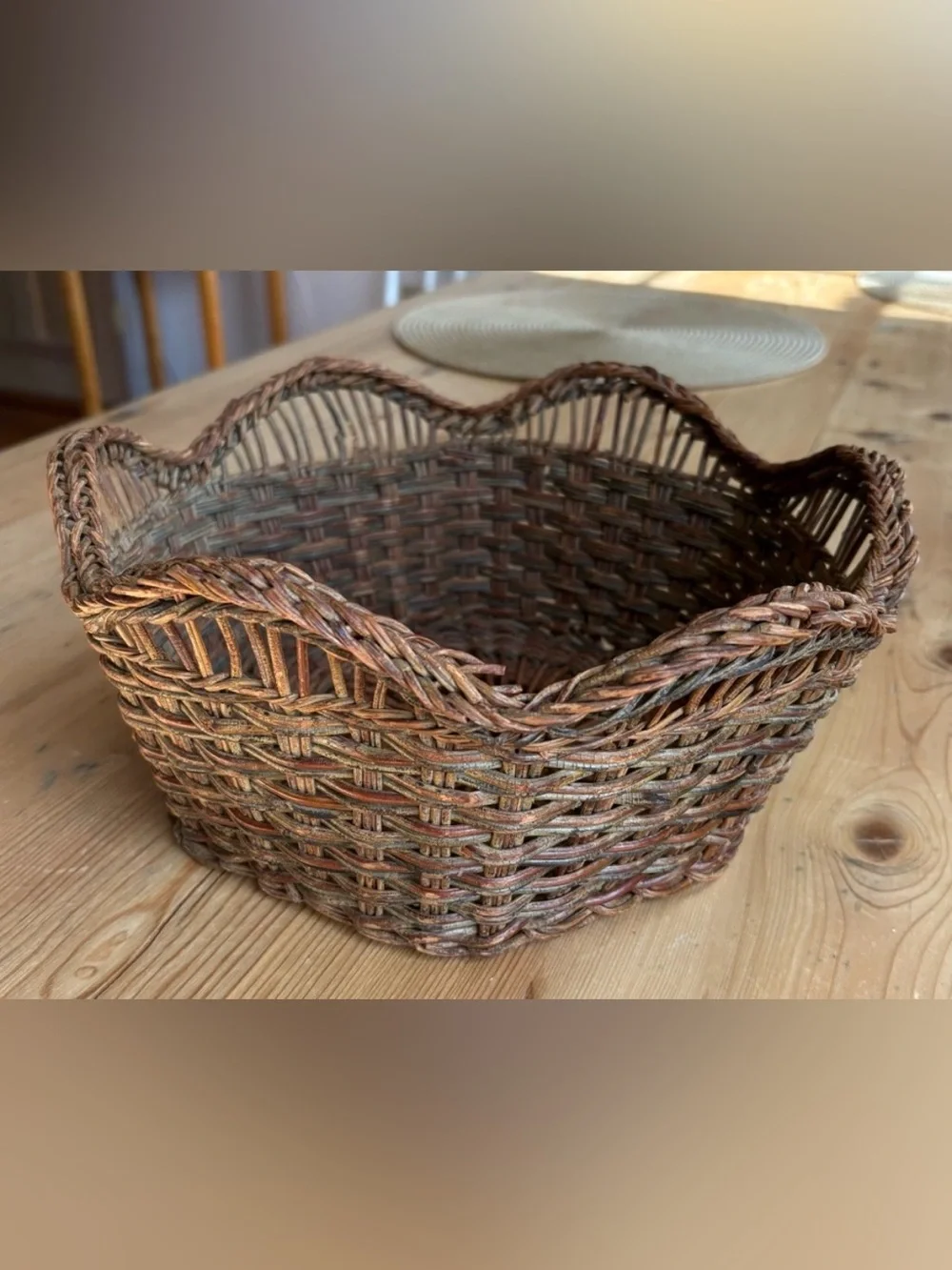 Vintage Woven Round Brown Basket with Patina